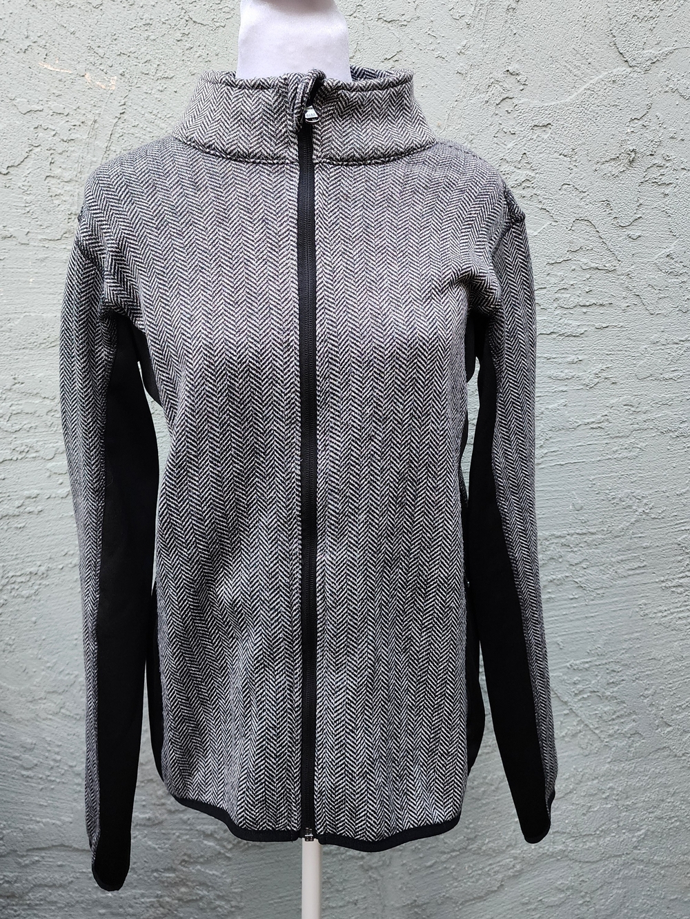 Marc New York Herringbone Full Zip Fleece Jacket Black Gray P To P 20"